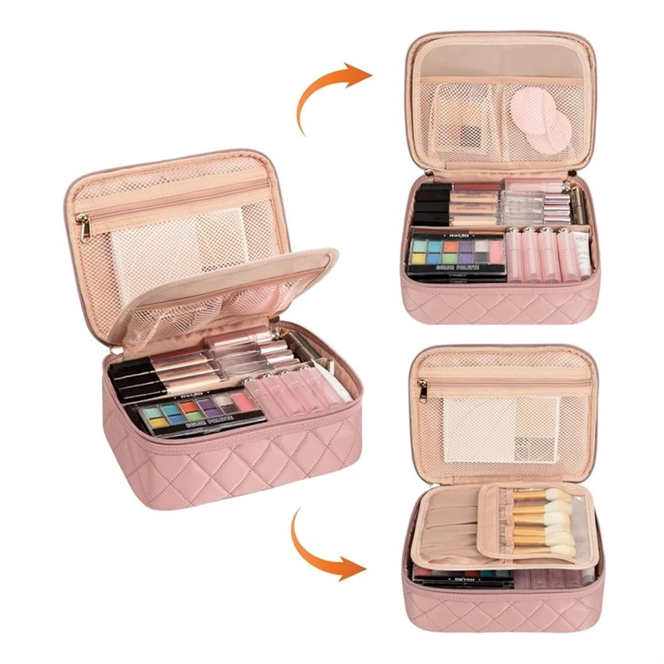 OEM Diamond Pattern Makeup Bag with Divider and Brushes Compartments